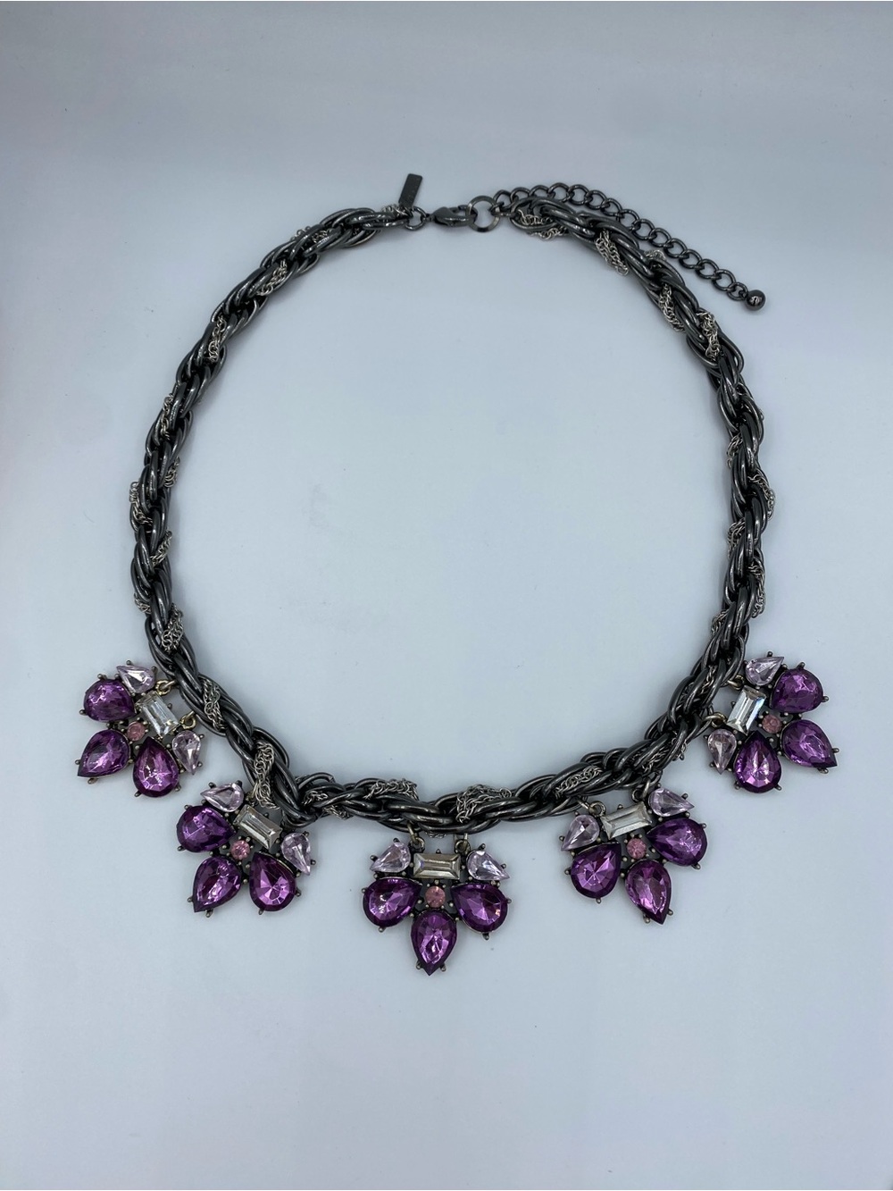 Lane Bryant Statememt Necklace With Woven Gunmetal Chain & Rhinestone Clusters